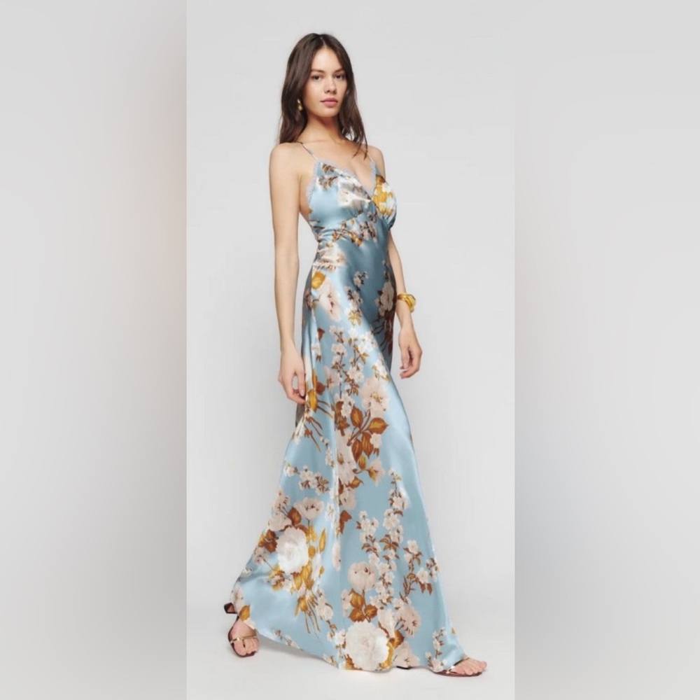 NWT Reformation Maysen Floral Silk Dress,  Sz 10, slip dress, blue, wedding